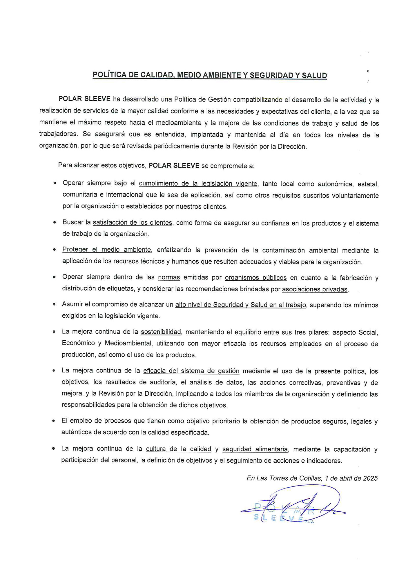 Política de calidad, medio ambiente y seguridad y salud